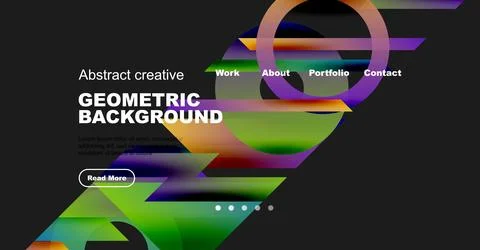 Modern website mockup features vibrant geometric shapes, text overlays, Stock Illustration
