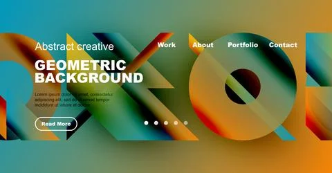 Modern website mockup features vibrant geometric shapes, text overlay, Stock Illustration