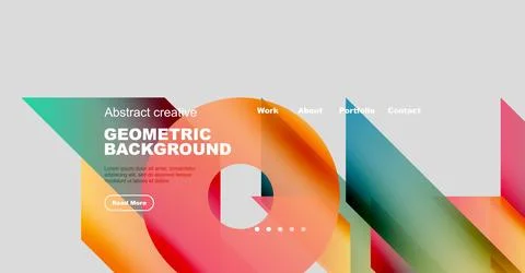 Modern website mockup features vibrant geometric background. Text overlays Stock Illustration