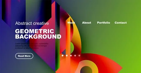 Modern website mockup features vibrant geometric shapes, text elements, Illustrazione stock