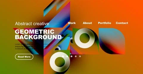 Modern website mockup features vibrant geometric shapes, text overlays, Stock Illustration