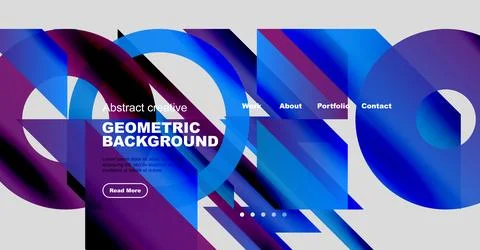 Modern website mockup features vibrant blue gradients, geometric shapes, text Illustrazione stock