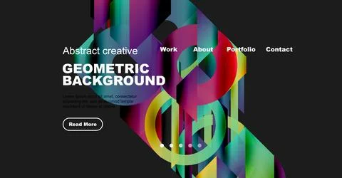 Modern website mockup features vibrant geometric shapes, text overlays, Stock Illustration
