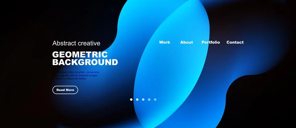 Modern website mockup features vibrant blue geometric shapes, dark background 스톡 일러스트