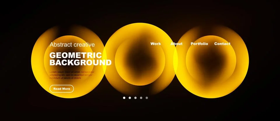 Modern website mockup features vibrant yellow circles. Text details portfolio Illustrazione stock