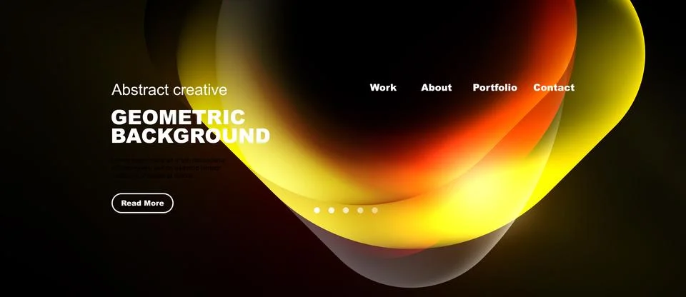 Modern website mockup features vibrant abstract shapes, dark background. Stock Illustration