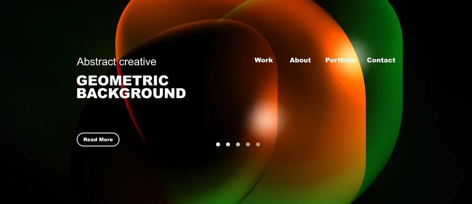 Modern website mockup features vibrant fluid shapes, dark background. Navig.. Illustrazione stock
