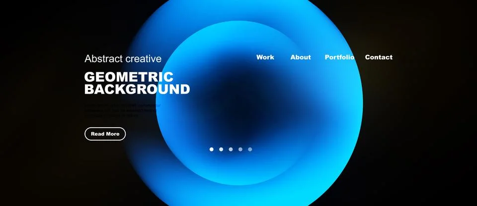 Modern website mockup features vibrant blue geometric shapes, text overlay, Stock Illustration