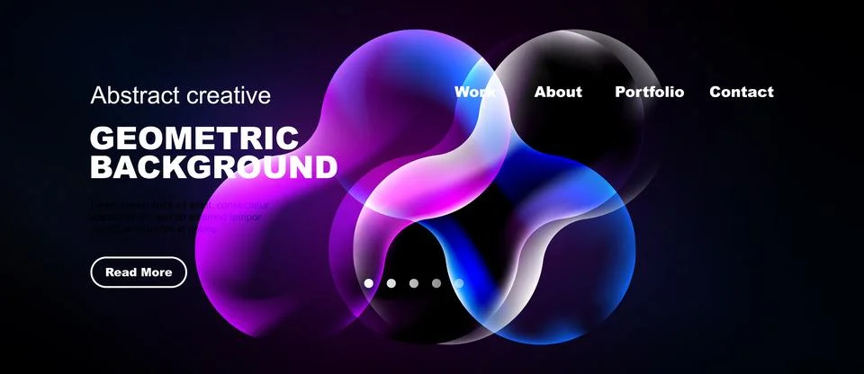 Modern website mockup features vibrant abstract shapes, text, navigation menu 스톡 일러스트