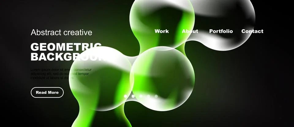 Modern website mockup features vibrant green bubbles, dark background. Text Stock Illustration