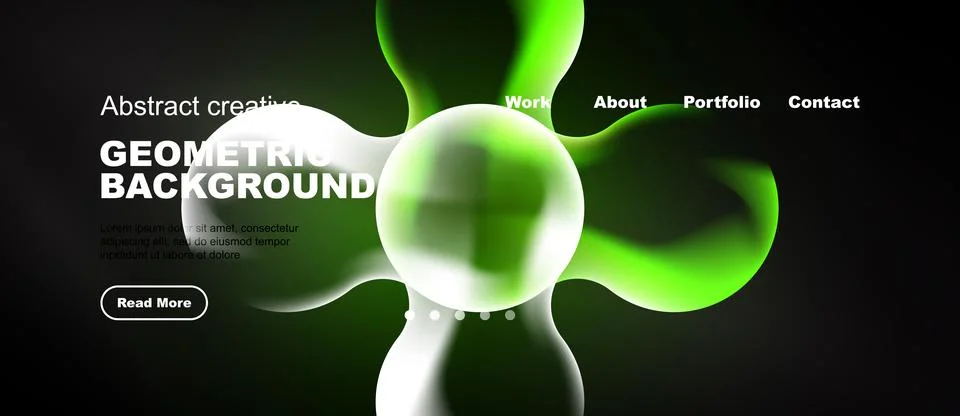 Modern website mockup features vibrant green abstract shapes over dark Stockillustratie