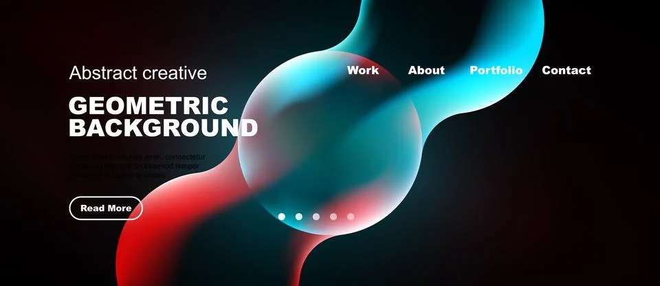 Modern website mockup features vibrant abstract shapes, dark background. 库存插图