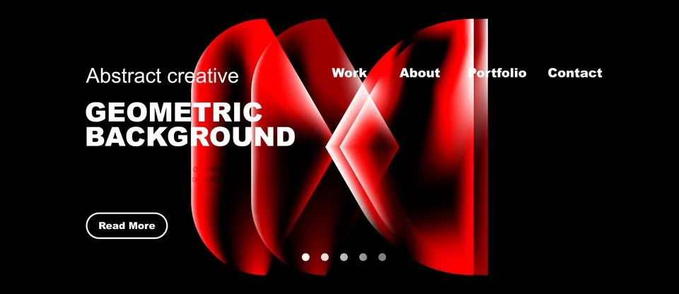 Modern website mockup features vibrant red geometric shapes, dark background. Stock Illustration