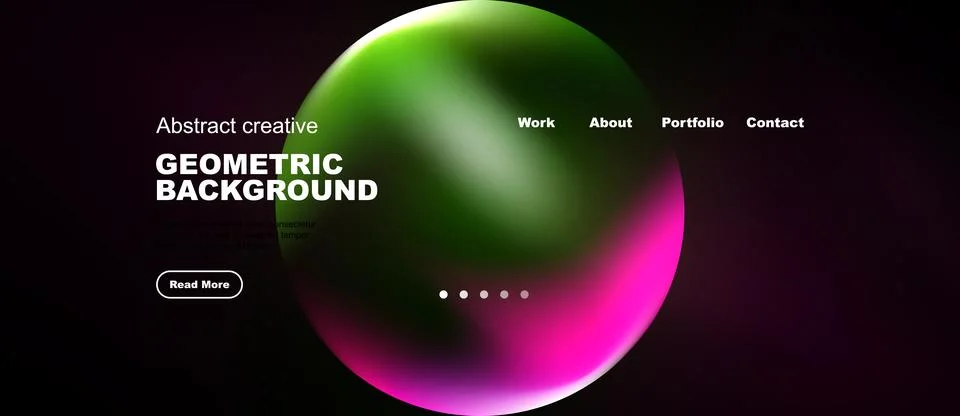 Modern website mockup features vibrant sphere. Text elements include naviga.. Illustrazione stock