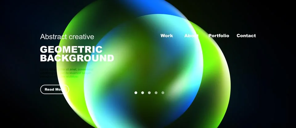 Modern website mockup features vibrant geometric shapes, text overlays, Illustrazione stock
