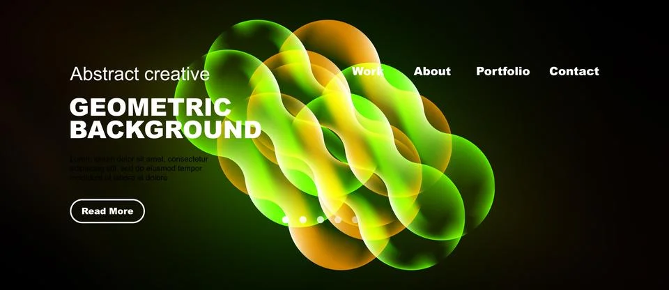 Modern website mockup features vibrant abstract shapes, text overlay, navig.. Stockillustratie