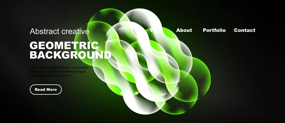 Modern website mockup features vibrant green abstract shapes. Dark background Illustrazione stock