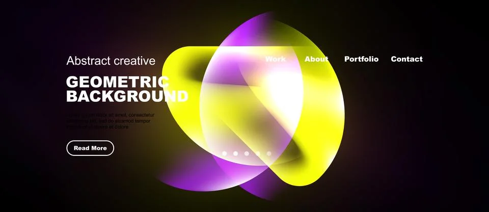 Modern website mockup features vibrant geometric shapes, text overlay, Stock Illustration
