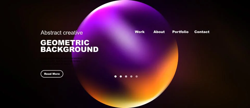Modern website mockup features vibrant sphere. Minimalist design with navig.. Illustrazione stock