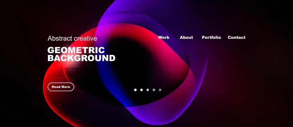 Modern website mockup features vibrant geometric shapes, dark background. Tex Stock Illustration