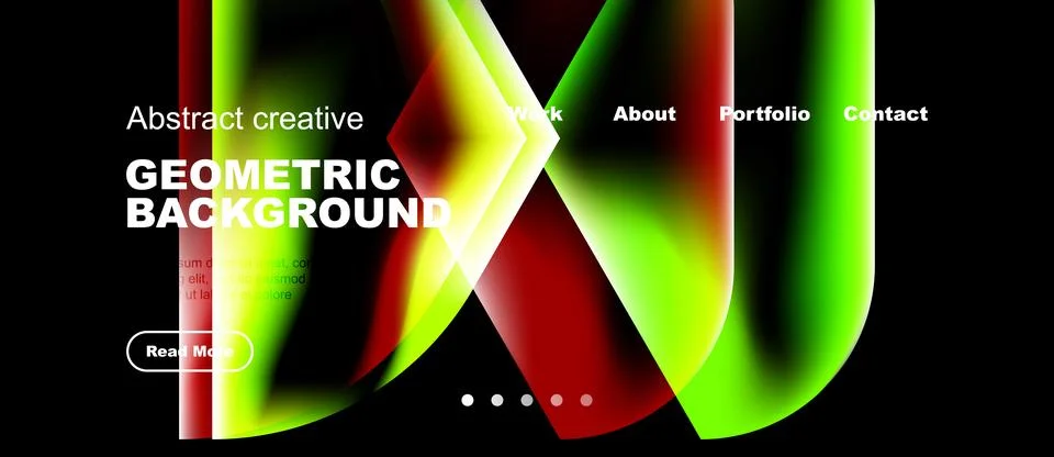 Modern website mockup features vibrant geometric shapes, text overlays, Illustrazione stock