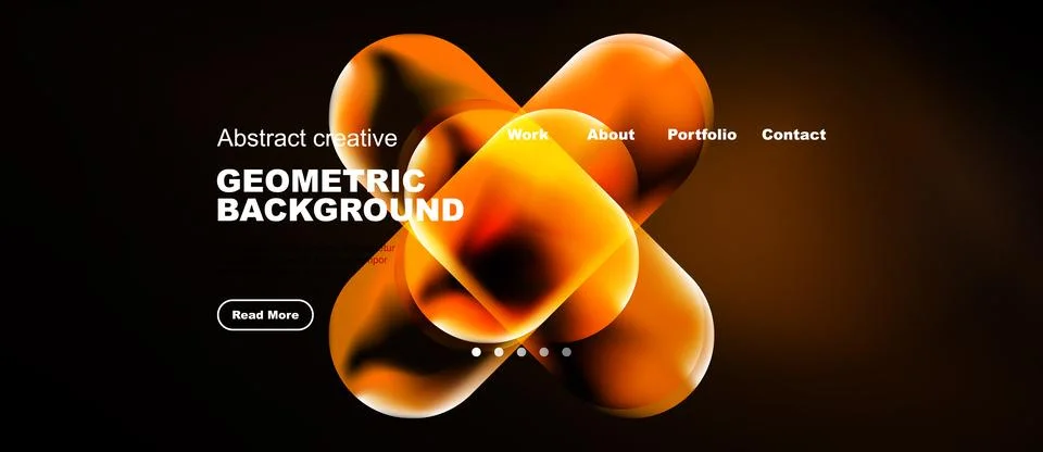 Modern website mockup features vibrant orange shapes, dark background. Illustrazione stock