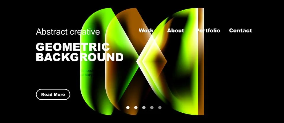 Modern website mockup features vibrant geometric shapes, dark background. Ilustração Stock