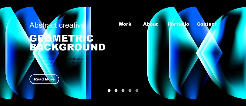 Modern website mockup features vibrant blue geometric shapes. Text overlays Stock Illustration
