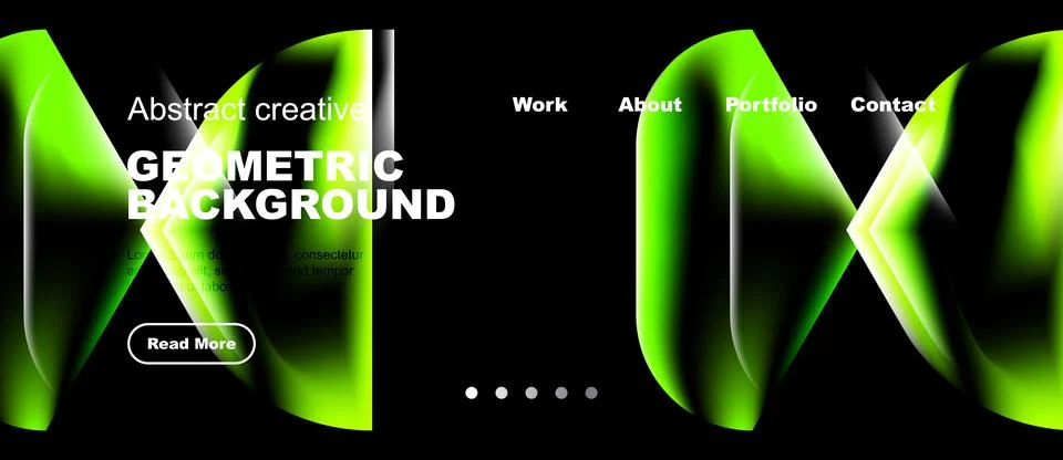 Modern website mockup features vibrant green geometric shapes, dark backgroun Stock Illustration