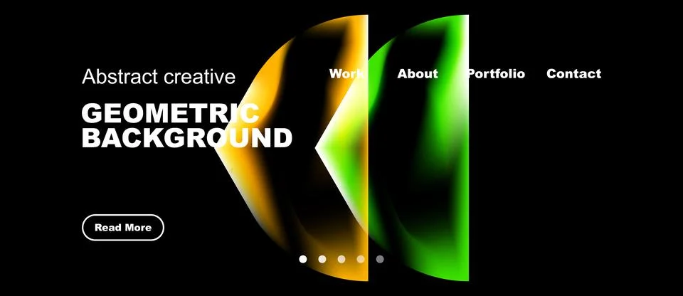 Modern website mockup features vibrant geometric shapes, dark background. Illustrazione stock