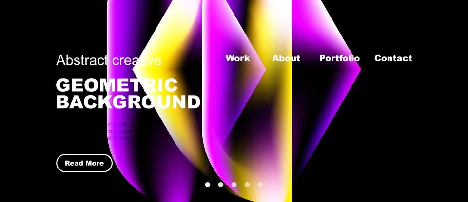 Modern website mockup features vibrant geometric shapes, text overlays, Illustrazione stock