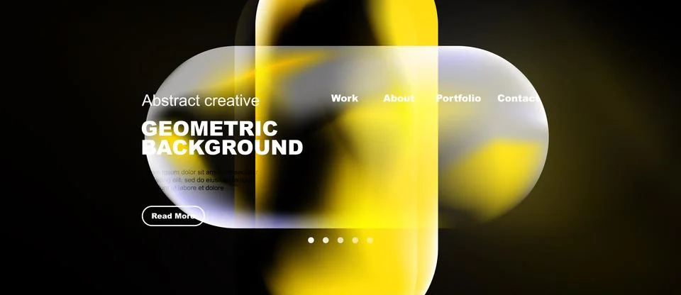 Modern website mockup features vibrant yellow shapes, text overlay, navigatio Illustrazione stock