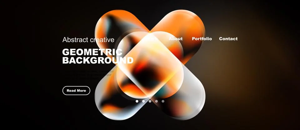 Modern website mockup features vibrant orange, blue shapes. Dark background Illustrazione stock