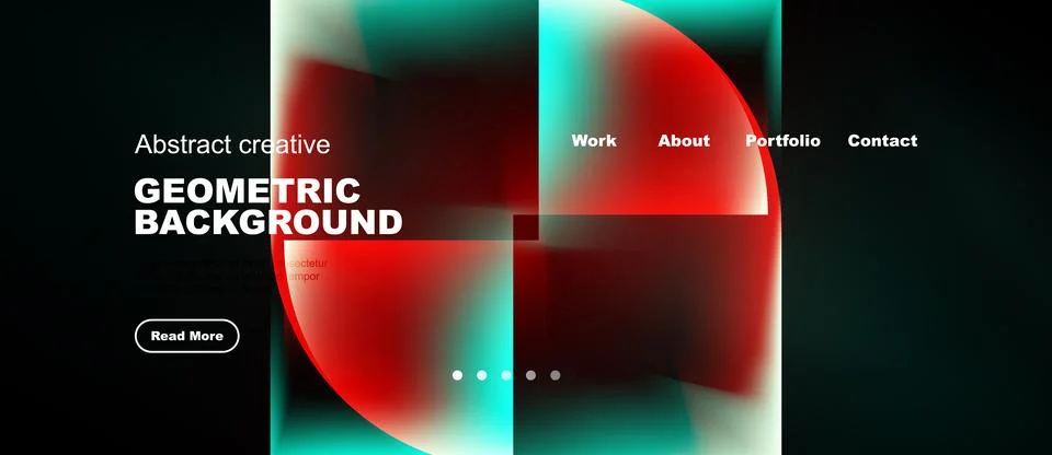 Modern website mockup features vibrant geometric shapes, text overlays, Illustrazione stock