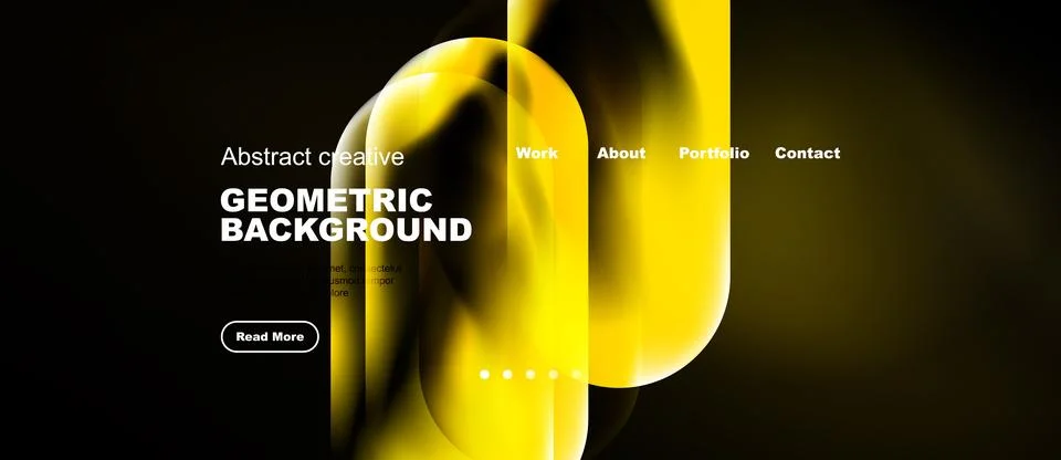 Modern website mockup features vibrant yellow abstract shapes, dark backgroun Stock Illustration