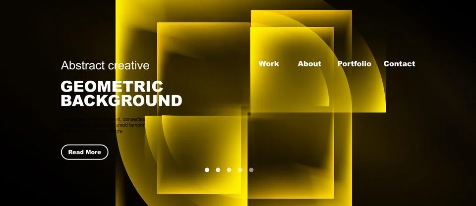 Modern website mockup features vibrant yellow geometric shapes over dark Ilustração Stock