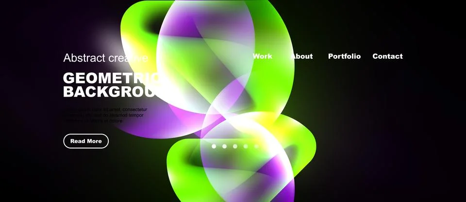 Modern website mockup. Vibrant fluid shapes, dark background. Navigation menu Illustrazione stock