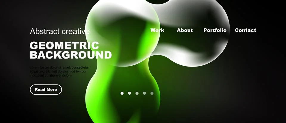 Modern website template features abstract green shapes, dark background. Stock Illustration
