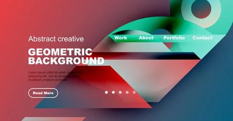 Modern website template features vibrant geometric shapes, text overlays, イラスト素材
