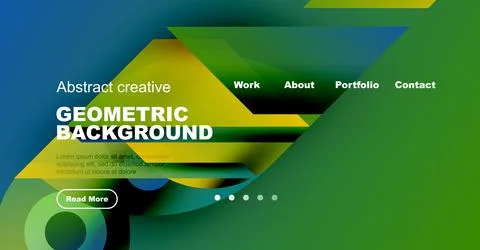 Modern website template showcases vibrant geometric design. Includes navigation, Stock Illustration