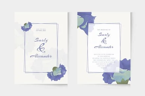 Modern wedding invitation template with blue floral watercolor ornament Stock Illustration