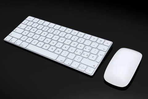 Modern white aluminum computer keyboard and mouse isolated on black backgroun Stock Illustration