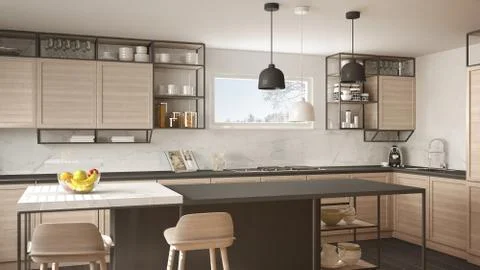 Modern white and gray kitchen with wooden details and parquet floor, modern p 스톡 일러스트