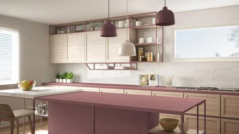 Modern white and red kitchen with wooden details and parquet floor, modern pe Stock Illustration