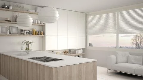 Modern white and wooden kitchen with shelves and cabinets, sofa and panoramic Ilustração Stock