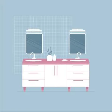 Modern white bathroom interior. Double sink and two mirrors. Flat style on grey. Stock Illustration