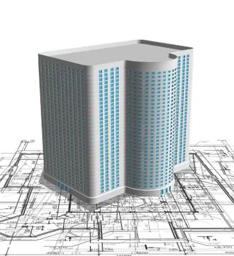 Modern white building on blueprint. Vector Ilustración de archivo