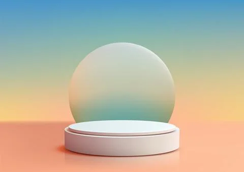 Modern white circular podium on light orange surface with vibrant gradient .. Stock Illustration