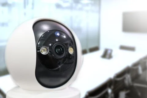 Modern white dome CCTV security camera monitoring a blurred corporate confe.. Stock Photos