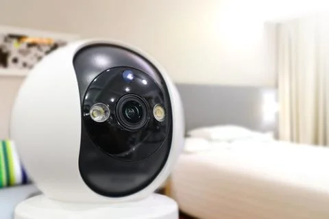 Modern white dome security camera with a black lens face, monitoring a blur.. Stock Photos